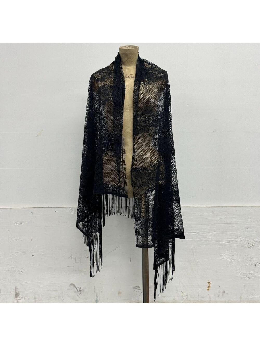 Whimsigoth Black Floral Net Lace Fringe Piano Shawl / Wrap